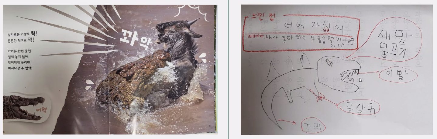 그림책 페이지와 아이가 쓴 느낀 점